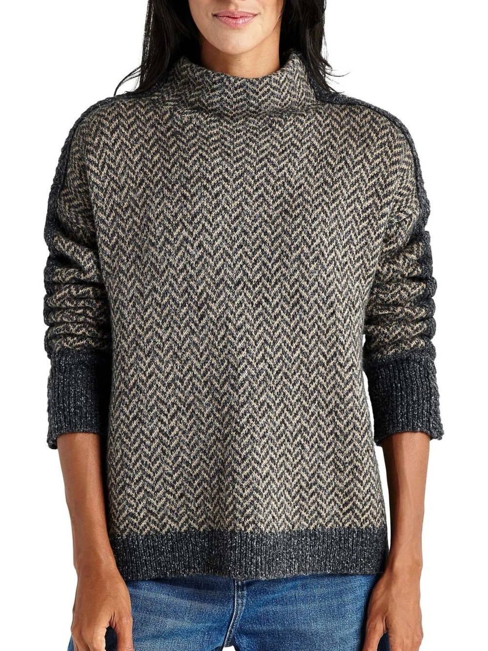 Splendid Cream & Gray Herringbone Funnel Neck Sweater
